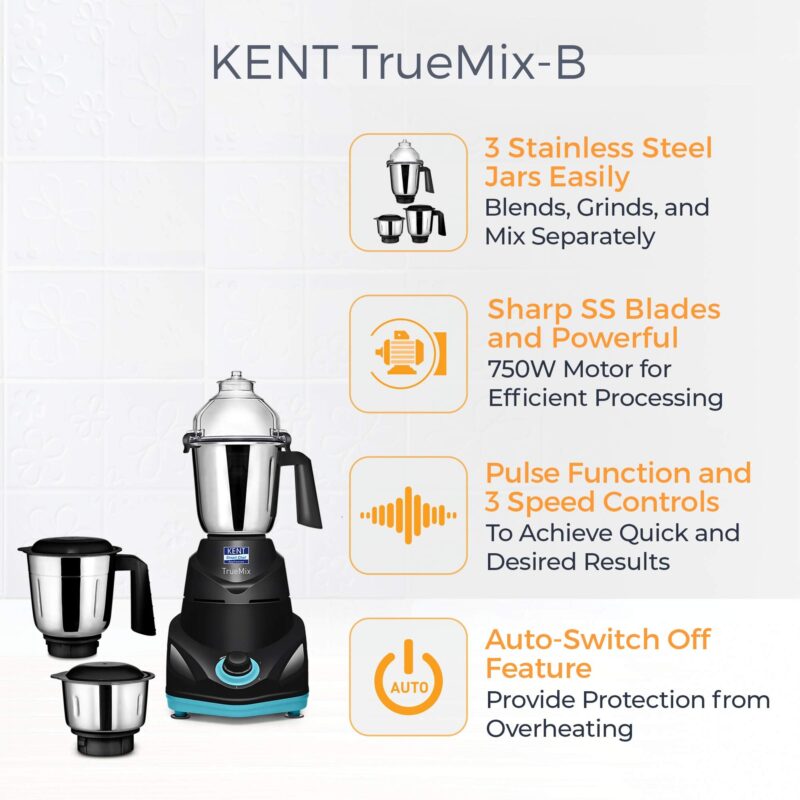 KENT 16065 TrueMix-B 750W | Pulse Function | Auto Shut-Off | 3 Stainless Steel Jars for Blending, Grinding, & Making Chutney - Image 4