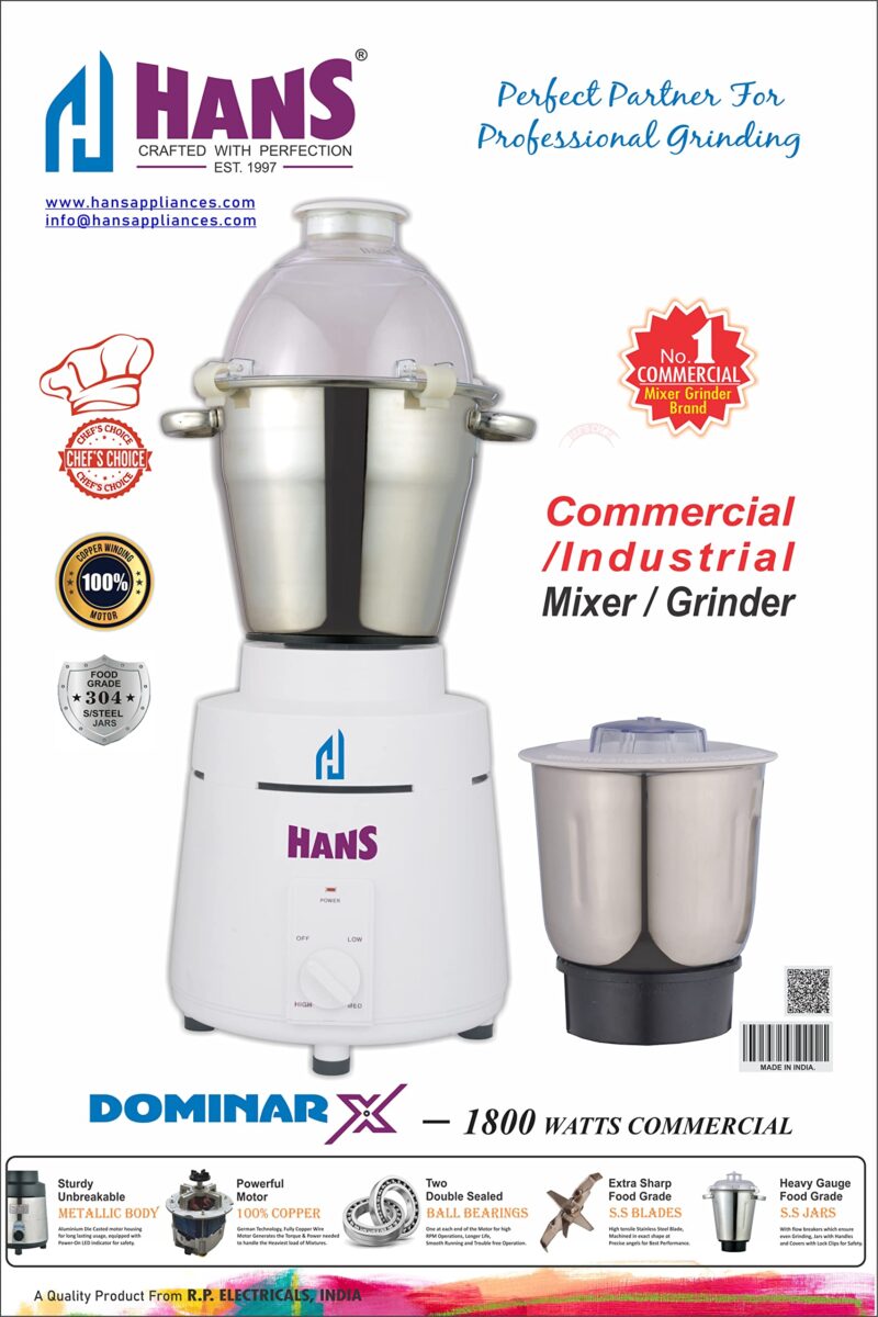 HANS Dominar X 1800 Watts 2.5 HP Commercial Mixer Grinder With 2 Jar Heavy Duty Color White - Image 5