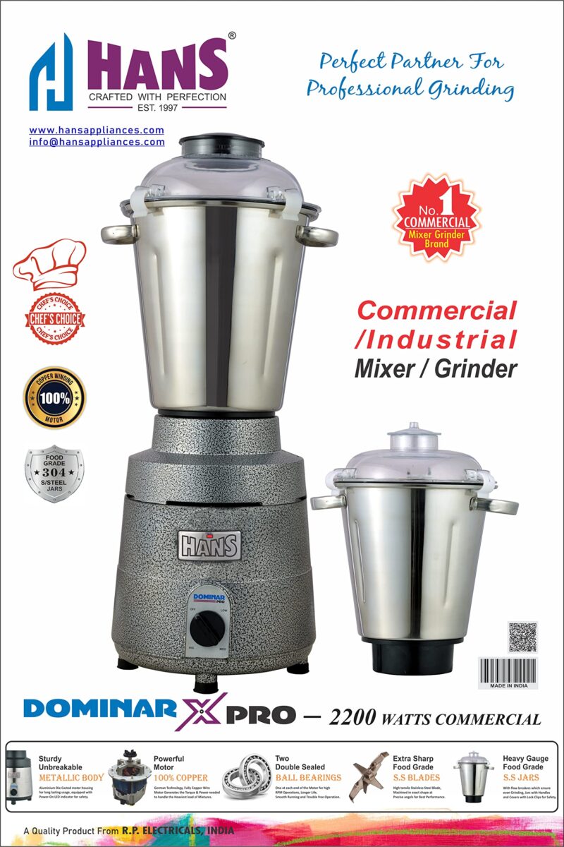 HANS Dominar X Pro 2200 Watts 3 HP Commercial Mixer Grinder With 2 Jar Heavy Duty Black Grey - Image 6