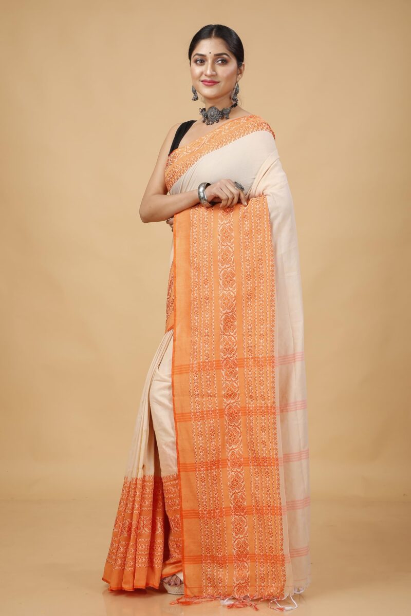 OISHANI SAREE GHOR Women's Traditional Bengal Begampuri Cotton Saree With Blouse Piece. (Muga Orange) - Image 5