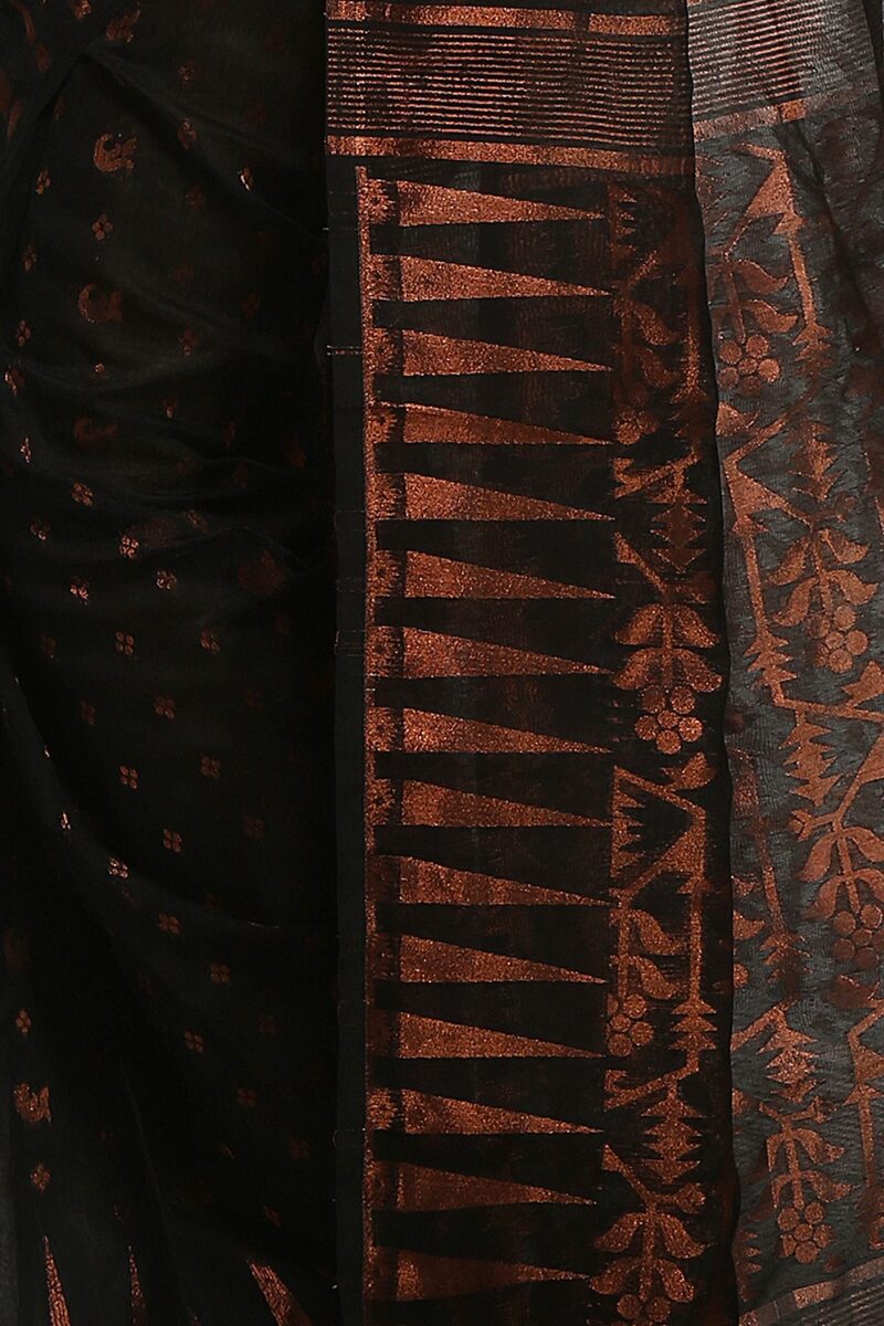 WoodenTant women’s cotton silk dhakai jamdani saree without blouse piece_Black - Image 4