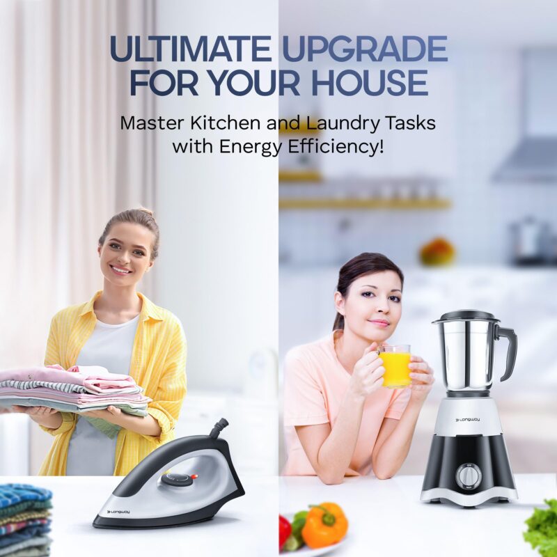 Longway Super Dlx 700 Watt Mixer Grinder with 3 Jars for Grinding, Mixing with Powerful Motor & Kwid 1100 Watt Dry Iron | 1 Year Warranty | (Black & Gray, Combo Offer) - Image 4