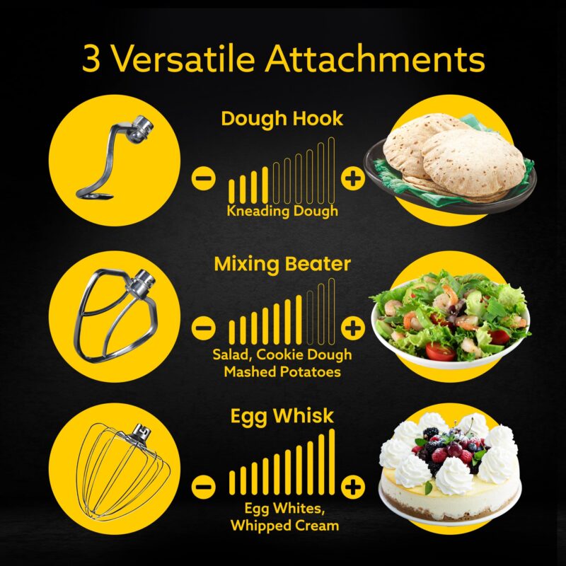 AGARO Elegant Stand Mixer, 1400W with 5.5L SS Bowl, 10 Speed Settings, Pulse Function, 100% Copper Motor, Includes Whisker, Beater, Dough Hook, Dark Grey - Image 3