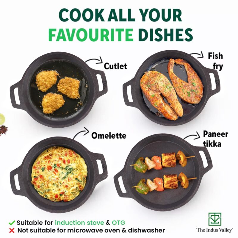 The Indus Valley Preseasoned Cast Iron Fish Fry Pan With Double Handle | Large 25Cm/ 9.8Inch, 2Kg | Induction Friendly | Nonstick Fish Fry Pan, 100% Pure & Toxin Free, No Chemical Coating, Black - Image 2