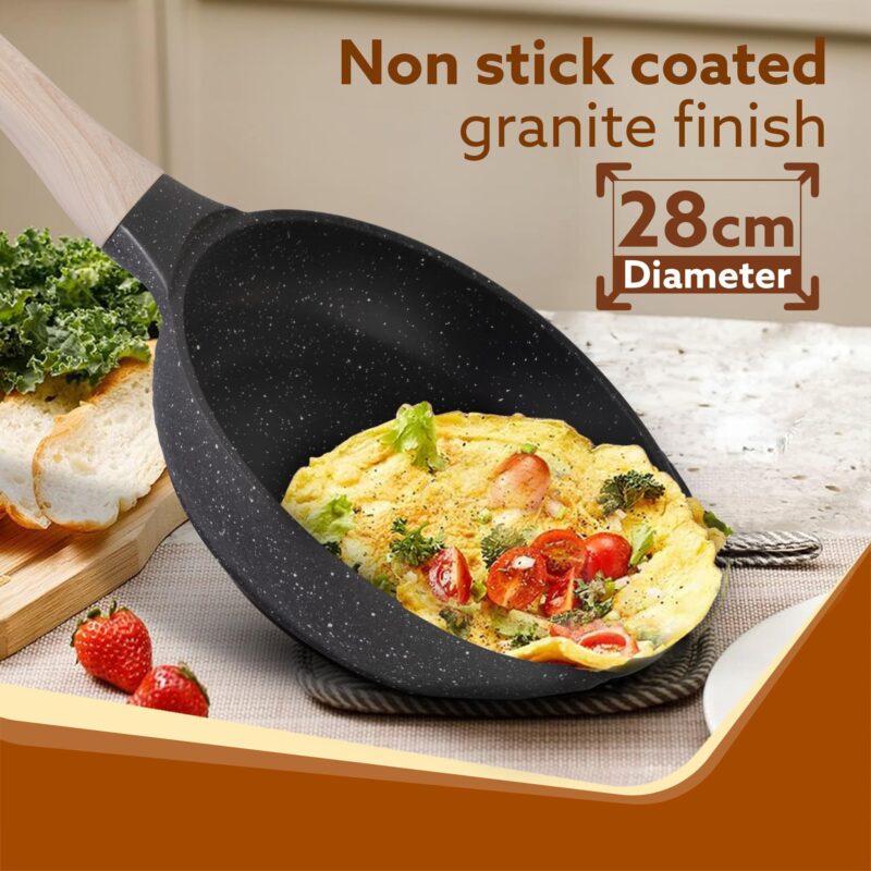 AGARO Imperial Granite Non Stick Frypan with Glass Lid, 3L / 28cm, Cast Aluminium Body, Omlette Egg Pan, Fish Fry Pan, Gas & Induction Compatible, Dark Grey - Image 6
