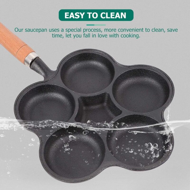 HomeEssentials Cast Iron Egg Pan - 6 Hole Nonstick Skillet with Wood Handle | Omelette Pan | Mini Uttapam Pan | Appam Patra | Litti Maker | Nonstick Pan for Eggs,Dumplings | Egg Frying Pan | 42 cm - Image 2