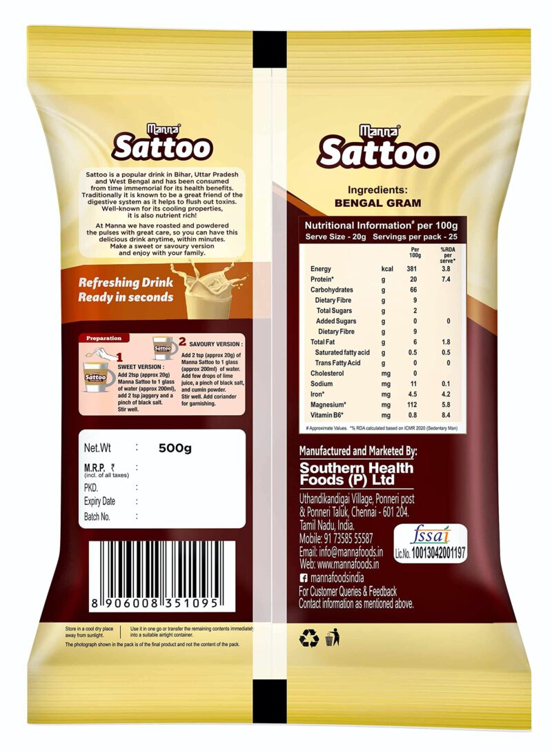 Manna Sattu Atta 1Kg 100% Channa Sattu Roasted Gram Atta Flour (500 X 2 Packs) - Image 3