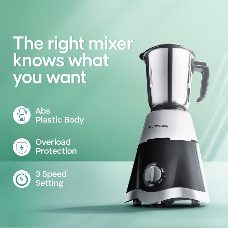 Longway Super Dlx 700 Watt Mixer Grinder with 3 Jars for Grinding, Mixing with Powerful Motor | 1 Year Warranty | (Black & Gray, 3 Jars) - Image 8