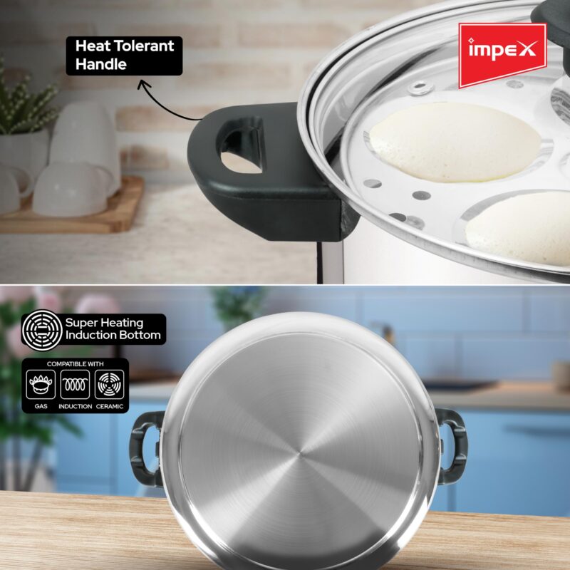 Impex Stainless Steel Idli Cooker With Glass Lid | Induction and Gas Stove Competable Idli Maker | 4.5L Idly Cooker with 4 Plates | 1 year Warranty - Image 3