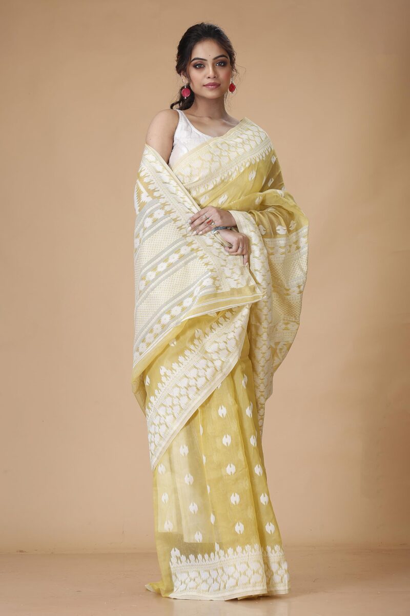 Oishani Saree Ghor Women's Traditional Bengal Cotton & Silk Soft Jamdani Saree - Beautiful Pallu Design Work - 5.5 metres Saree Without Blouse Piece_Pale Yellow - Image 8