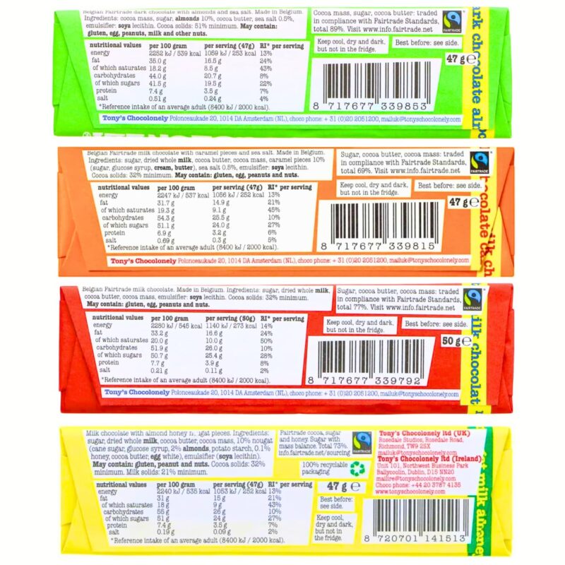 Tony's Milk Chocolate Milk Caramel Sea Salt, Sea Salt Dark Almond, Milk Chocolate, Almond Honey Nougat Pieces, Chocolate Bar, Combo 4x47g (Imported UK) - Image 8