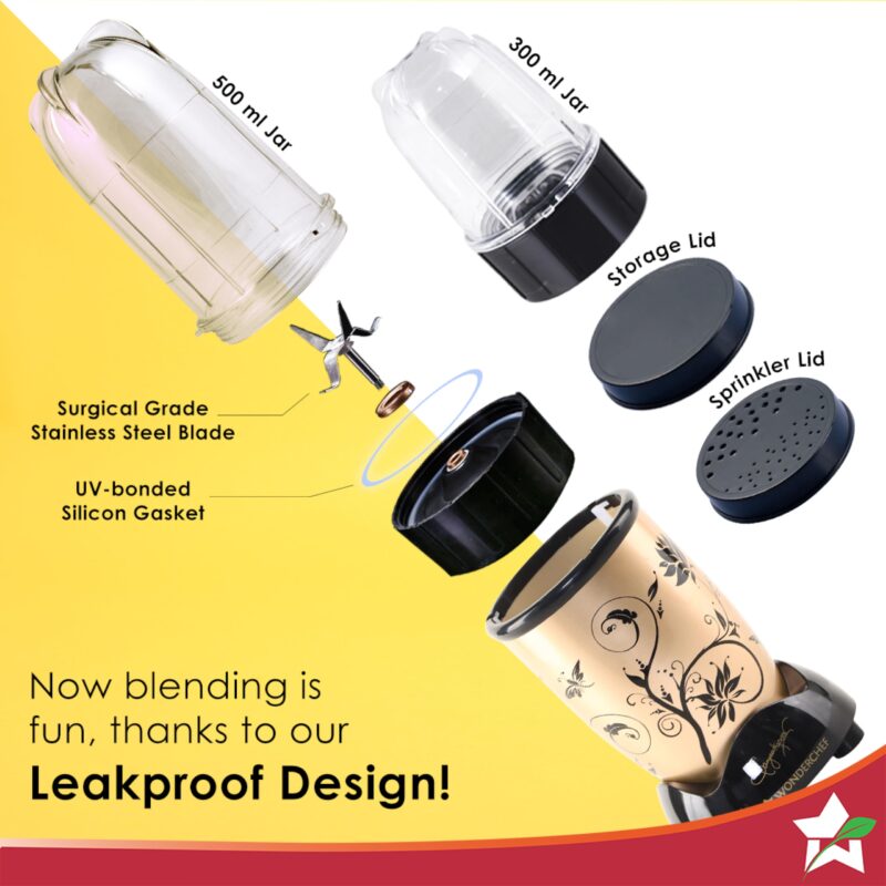 Wonderchef Nutri-blend Mixer, Grinder & Blender|500W 22000 RPM 100% Full Copper Motor|Stainless Steel Blades|2 Unbreakable Jars|2 Years Warranty|Recipe book by Chef Sanjeev Kapoor|Champagne - Image 5