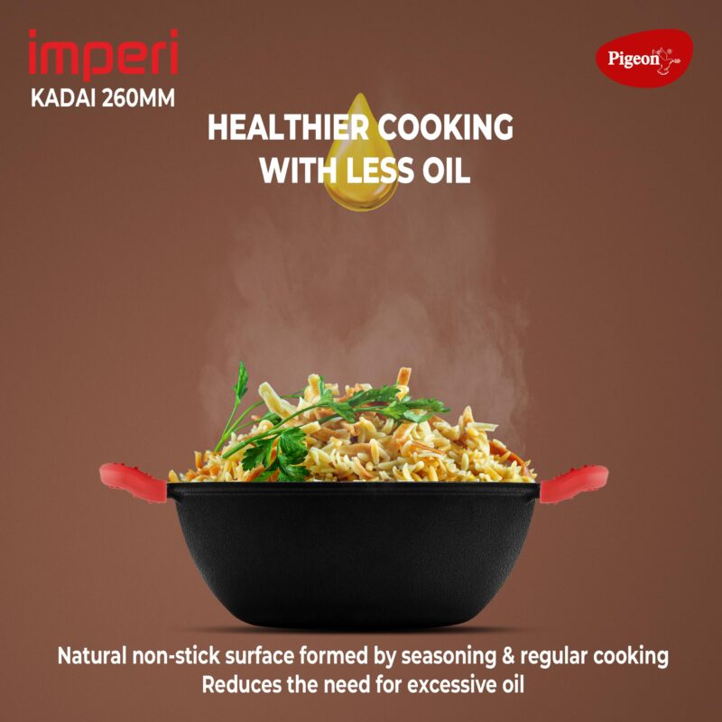 Pigeon by Stovekraft Cast Iron Kadai with Glass Lid | Medium, 26 cm | Naturally Nonstick | Pre-Seasoned Kadhai with 100% vegetable oil | Toxin-Free | High Pressure Casting | Bring Back Nostalgic Taste - Image 5