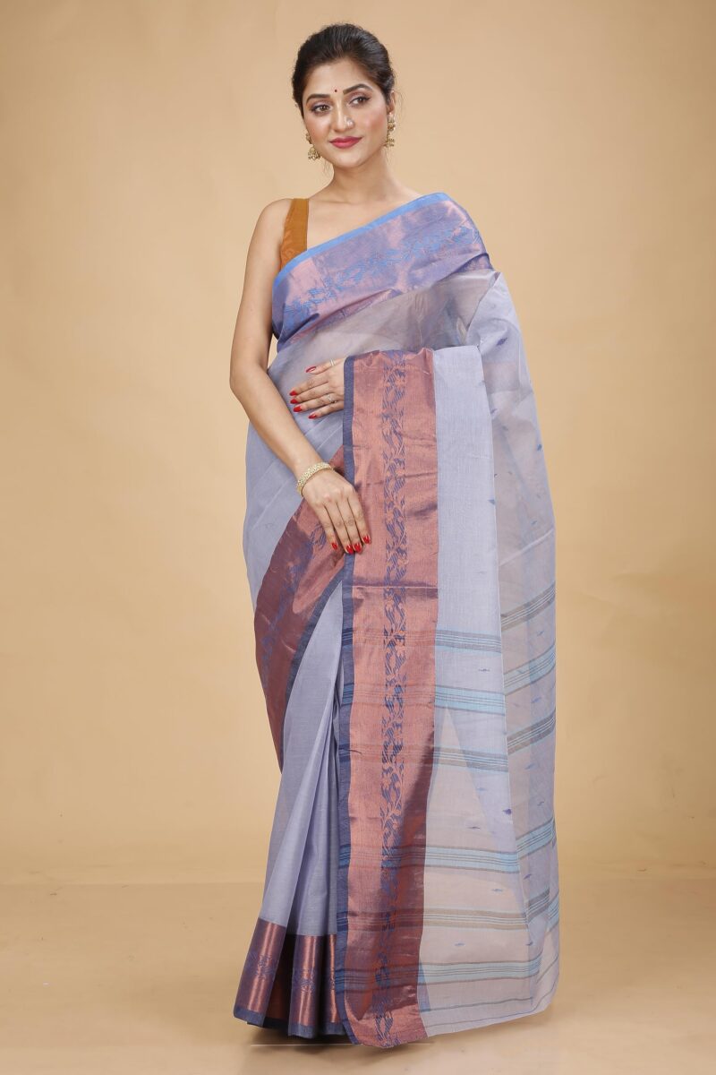 Laxmi Handloom Women's Traditional Bengal Tant Handloom Pure Cotton Tangail Zari Border Saree without Blouse Piece (Grey) - Image 3