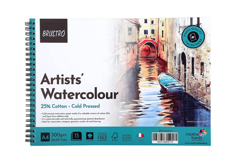 BRUSTRO Artist Watercolour Pad 25% Cotton 300 GSM A4 Wiro - 15 Sheets - Image 2