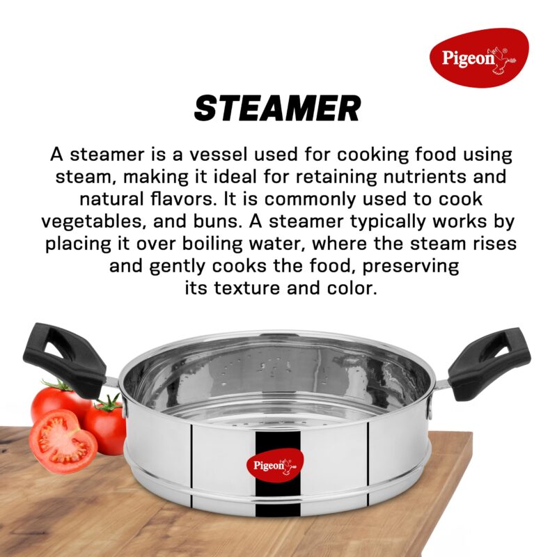 Pigeon by Stovekraft All in one Multipurpose Cookpot with Glass Lid Included Steamer and Strainer for easy cooking, heat resistant handles, Heavy gauge stainless steel idly plates inside with 4 cavity (4 idly plates, 16 idlies) - Image 2