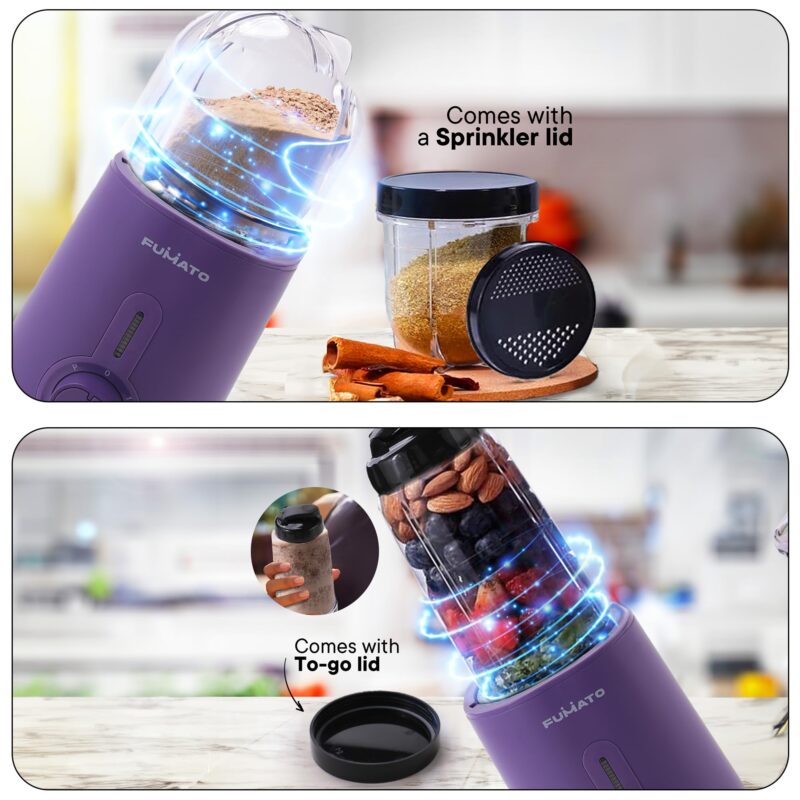 FUMATO 800W Nutri Blender- 3 Jars, 2 Stainless Steel Blades, 100% Pure Copper Motor, 2200 RPM, 2 Speed Modes, Pulse Function & 1 Year Warranty | Smoothie, Juices, Shakes, Purees & Grind Spices- Purple - Image 5