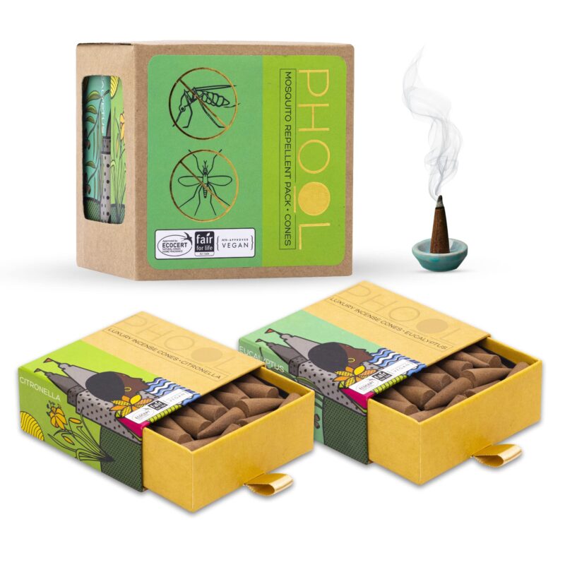 PHOOL LUXURY INCENSE Mosquito Repellent|Pack Of 2(80 Organic Dhoop Cones|2 Fragrances- Citronella&Eucalyptus)+1 Free Ceramic Holder|Handrolled|Sulphur&Charcoal Free|100% Organic(500 Gms)