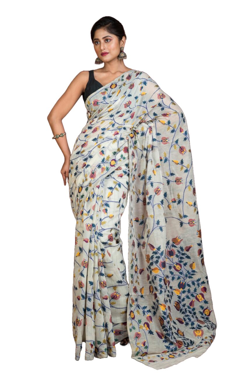 BENGAL LOOMS INDIA Tantuja Inspired Traditional Karat Nakshi Work Soft Jamdani Saree Women Rich Texture Smooth Finish Sari Indian Tradition Saree in Stone Beige and Multicolored for Casual Formal Wear