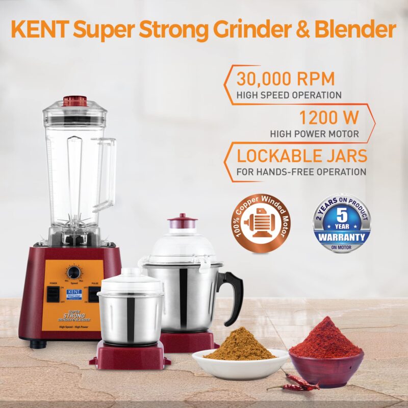 KENT Stainless Steel Super Strong Grinder&Blender|30,000 Rpm Electronic Variables Speed Control|Spill-Proof Lids With Jars|Overheating&Overcurrent Protection|Lockable Jar|Speed Control Switch - Image 4