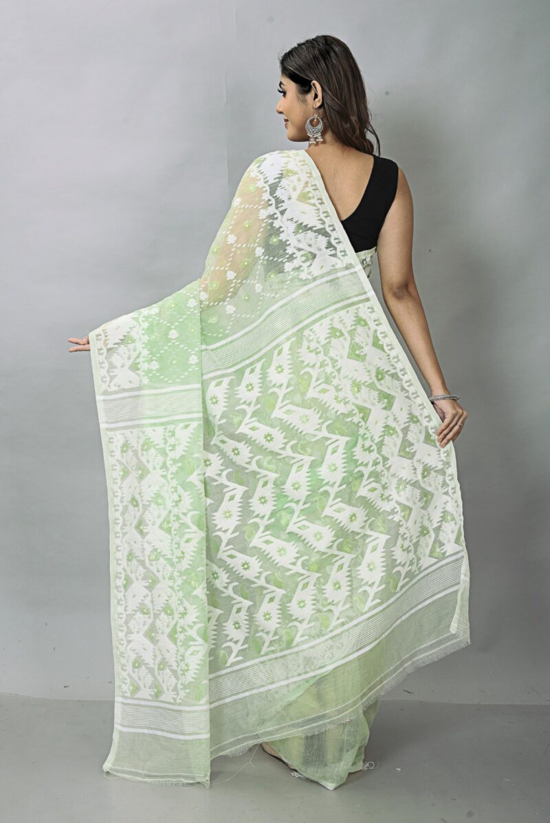 OISHANI SAREE GHOR Women's Traditional Bengal Cotton Silk Soft Jamdani Sarees (Off Green) - Image 4