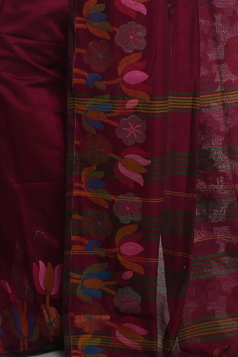 WoodenTant Womens Woven Handloom Cotton Silk Saree In Magenta With Jamdani Lotus Border - Image 5