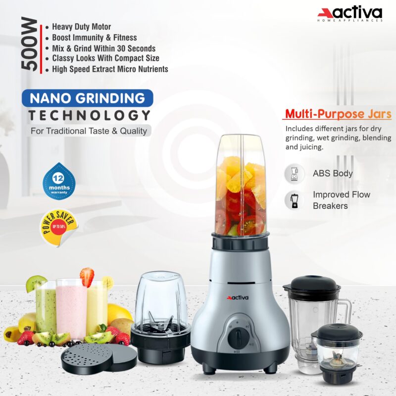 ACTIVA Easy Mix Nutri 4 Jar Mixer Grinder Powerful 500 Watt Motor | Long Lasting Shock Proof Abs Body | Heavy Duty Motor With Nano - Grinding Technology, Gray come with 2 year warranty - Image 8