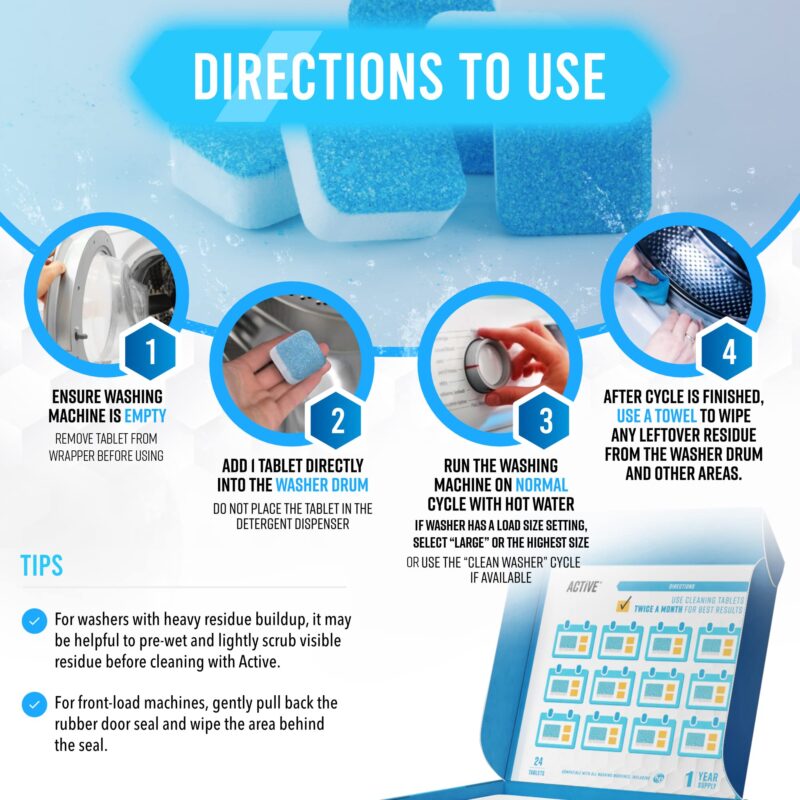 ACTIVE Washing Machine Cleaner Descaler 24 Pack - Deep Cleaning Tablets For HE Front Loader & Top Load Washer, Clean Inside Drum And Laundry Tub Seal (Washing Machine Cleaner Tablets - 24 Pack) - Image 3