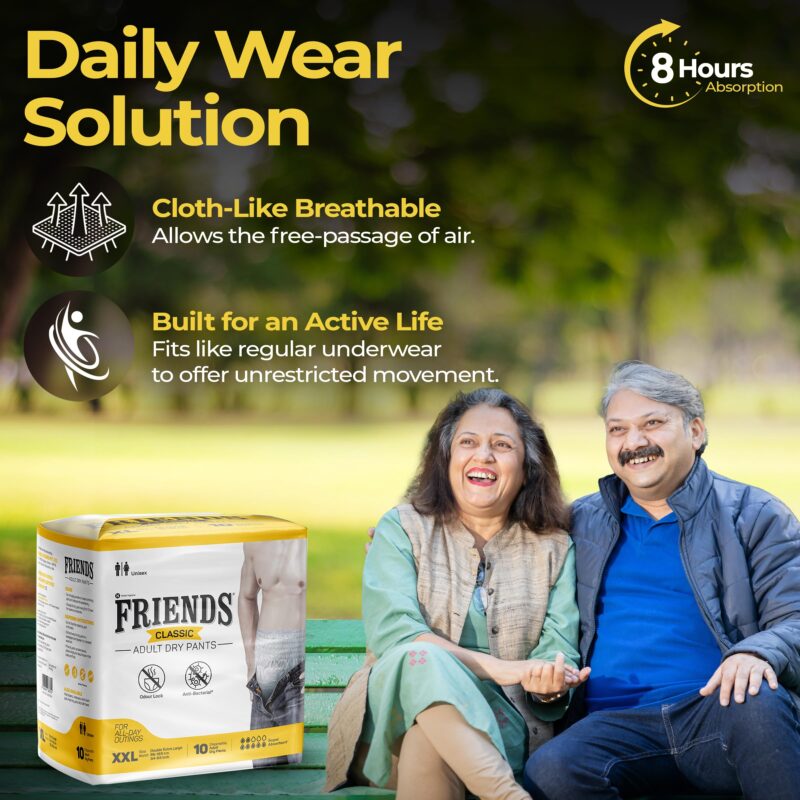 Friends Classic Adult Diapers Pants Style - 30 Count (Double Extra Large) with odour lock, Unisex, Leakproof, Elastic Waist and Anti-Bacterial Absorbent Core - Waist Size 34-65 Inch; 86-165 cm - Image 4