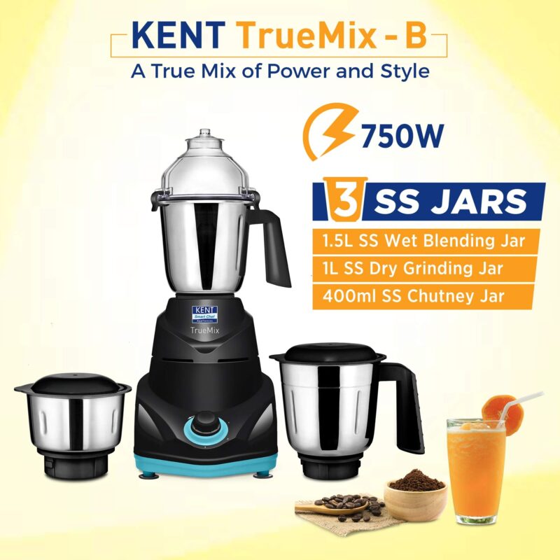 KENT 16065 TrueMix-B 750W | Pulse Function | Auto Shut-Off | 3 Stainless Steel Jars for Blending, Grinding, & Making Chutney - Image 3