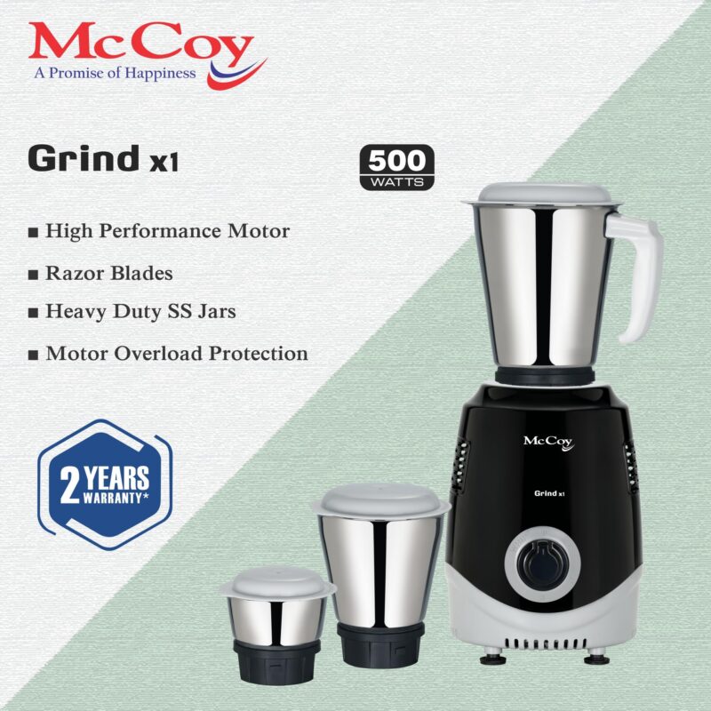 McCoy Mixer Grinder | Grind X1 500W with 3 SS jars | Longer life Universal Hybrid Motor | ABS Body | Uniform Grinding | Black & Grey - Image 3