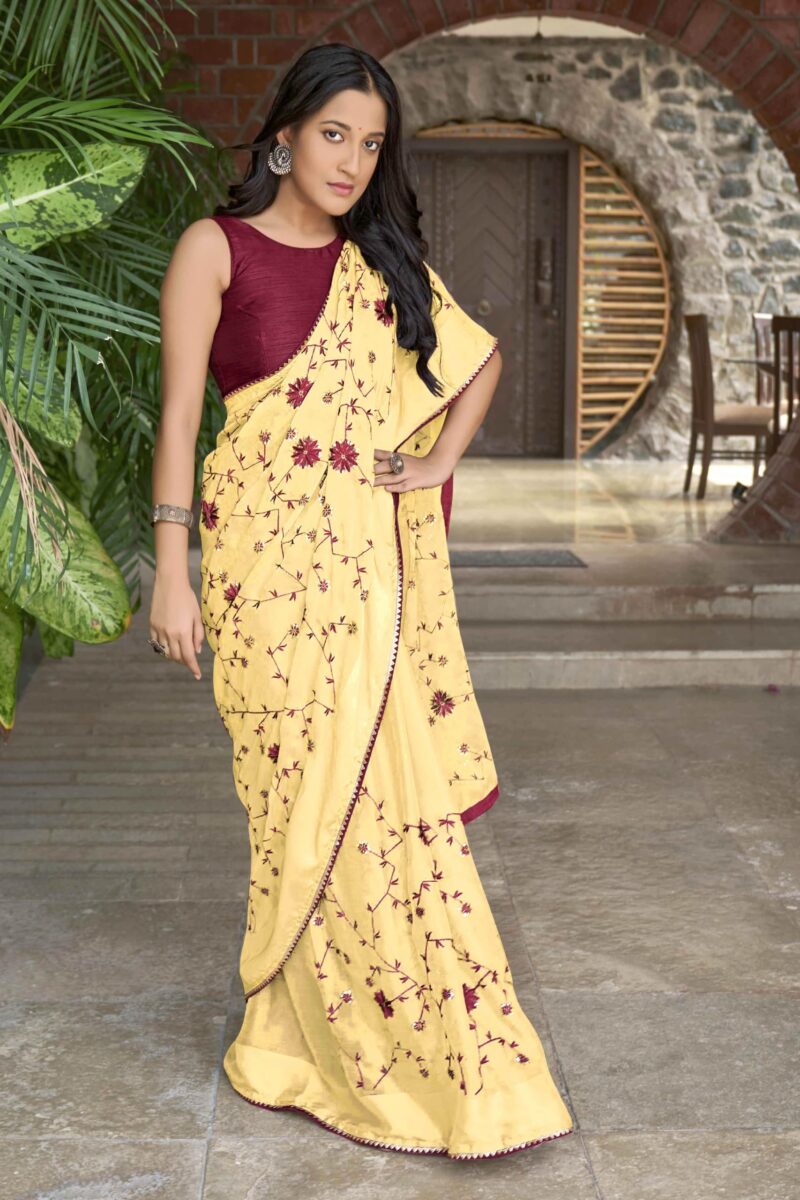 MANOHARI Yellow Poly Georgette Sequence And Embroidery Saree With Blouse Piece_Mn1923 - Women - Image 5