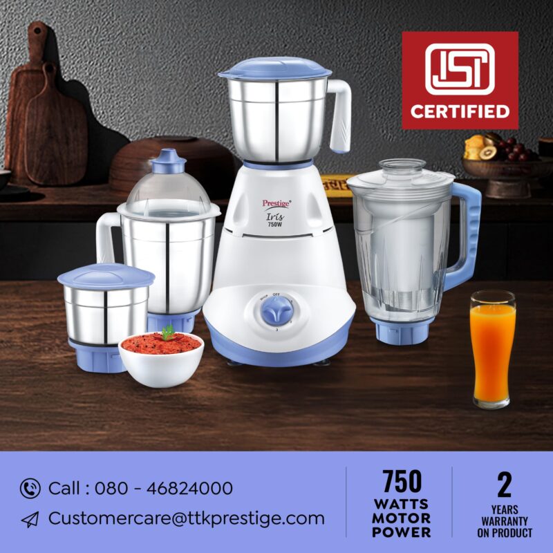 Prestige Iris 750 Watt Mixer Grinder with 3 Stainless Steel Jar + 1 Juicer Jar (White and Blue) - Image 2