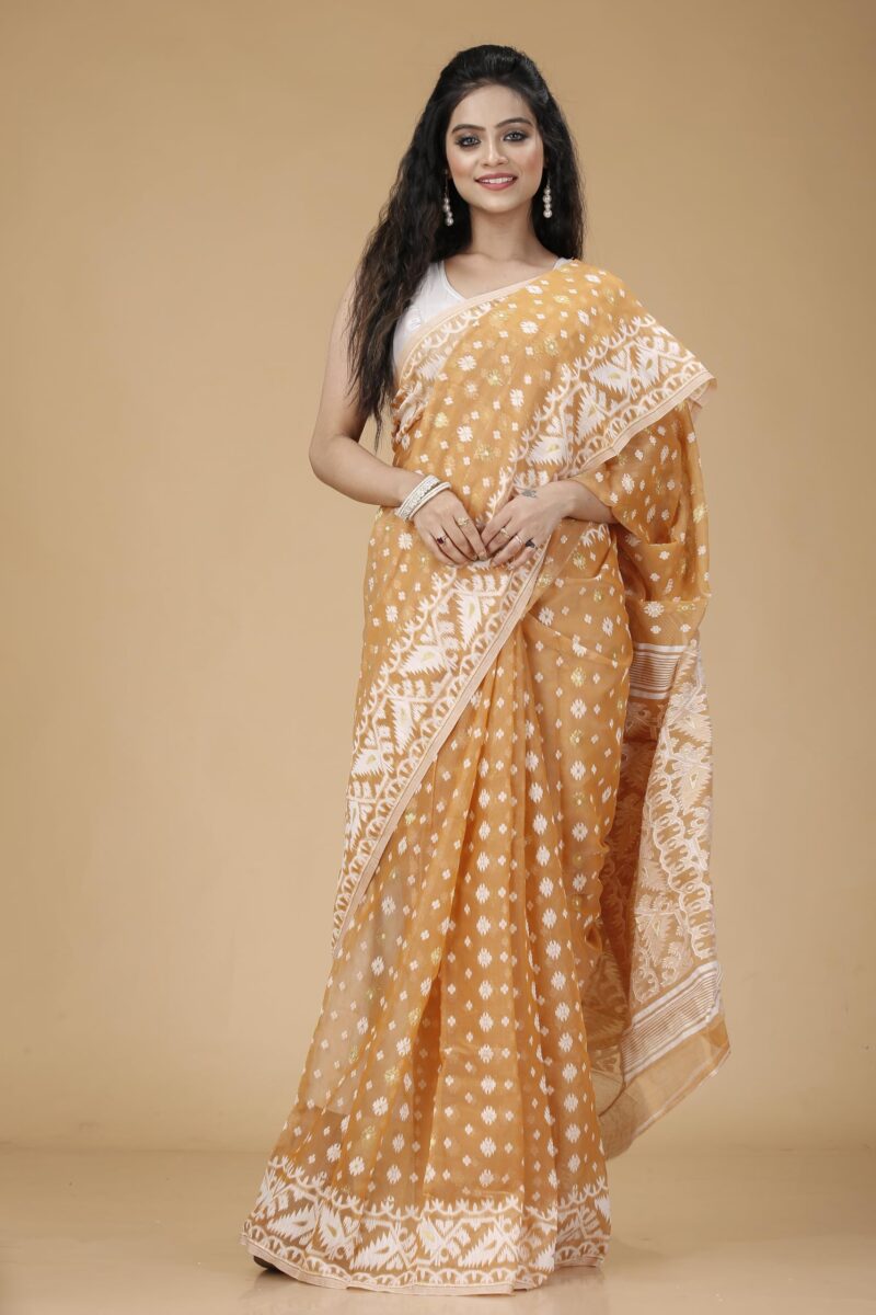 OISHANI SAREE GHOR Women's Traditional Bengal Cotton Silk Jamdani Saree (BROWN) - Image 3