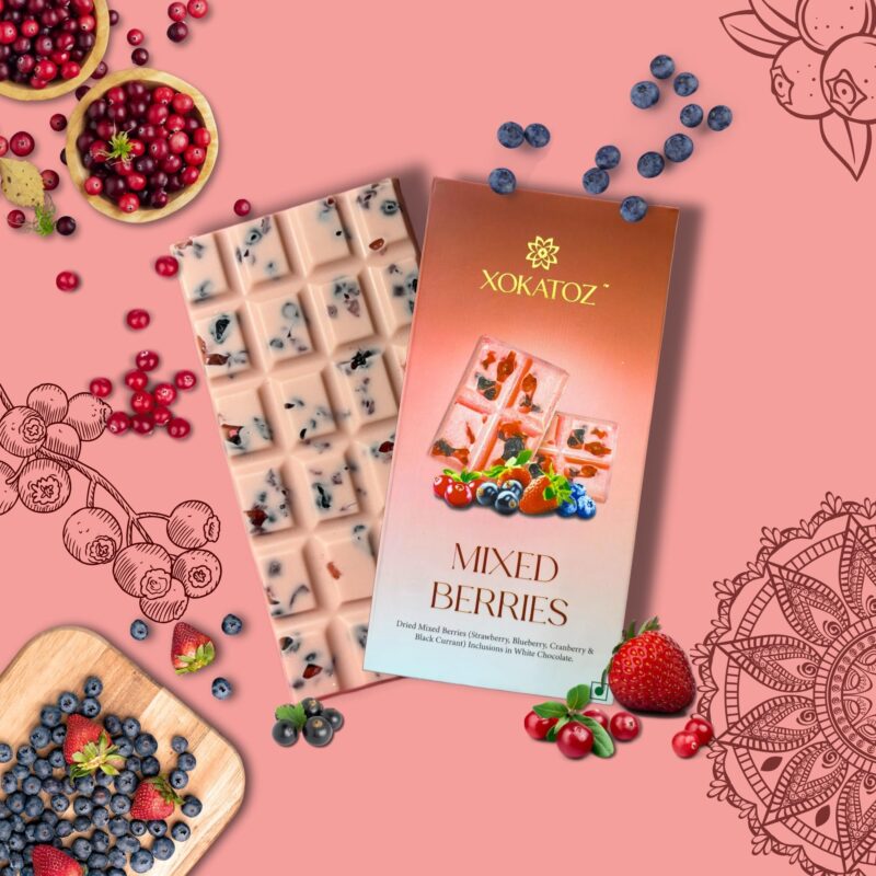 XOKATOZ Exotic Premium Chocolate - 1 Mixed Berries and 1 Blueberry Lavender Flavours - Flavoured White Chocolate Bars - Gift set - Pack of 2, 150g (75g x 2) - Image 6