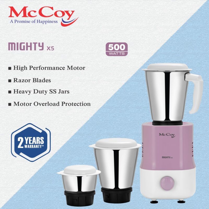 McCoy Mighty X5 Mixer Grinder | 3 SS Jars | 500 W Mixi | Hybrid Motor with 2 Years Warranty | Light Purple & White - Image 3