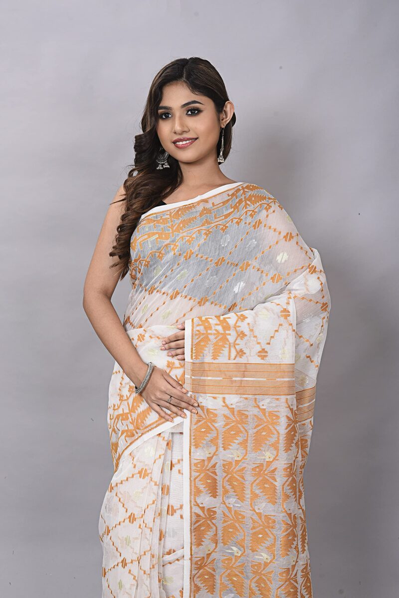 OISHANI SAREE GHOR Women's Traditional Bengal Cotton Silk Soft Jamdani Sarees (White Brown) - Image 4