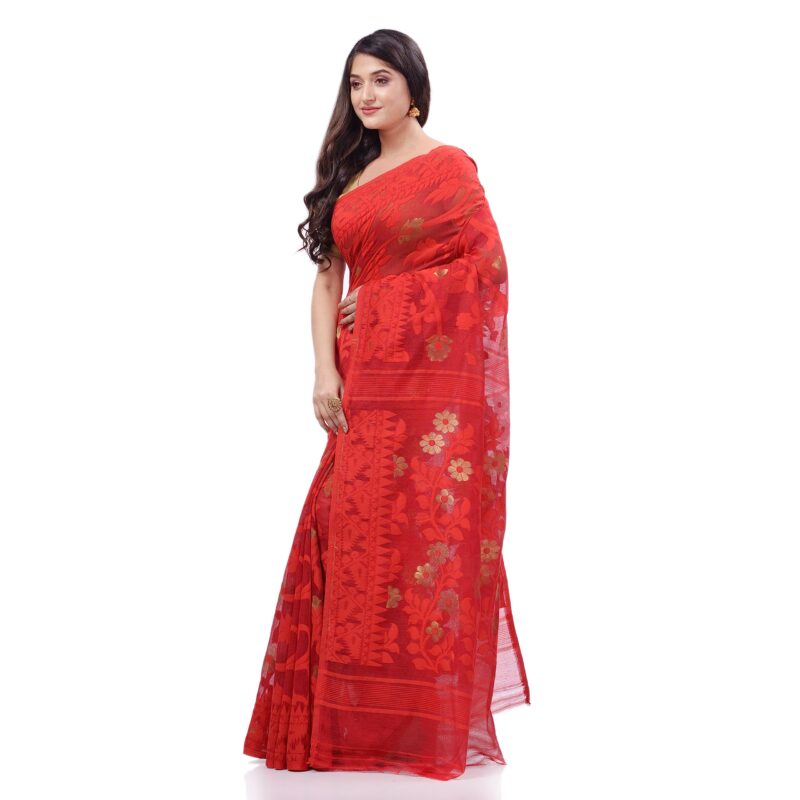 dB DESH BIDESH Women`s Rangabati Resham Dhakai Jamdani Bengal Pure Cotton Handloom Saree without Blouse Piece (Red) - Image 4
