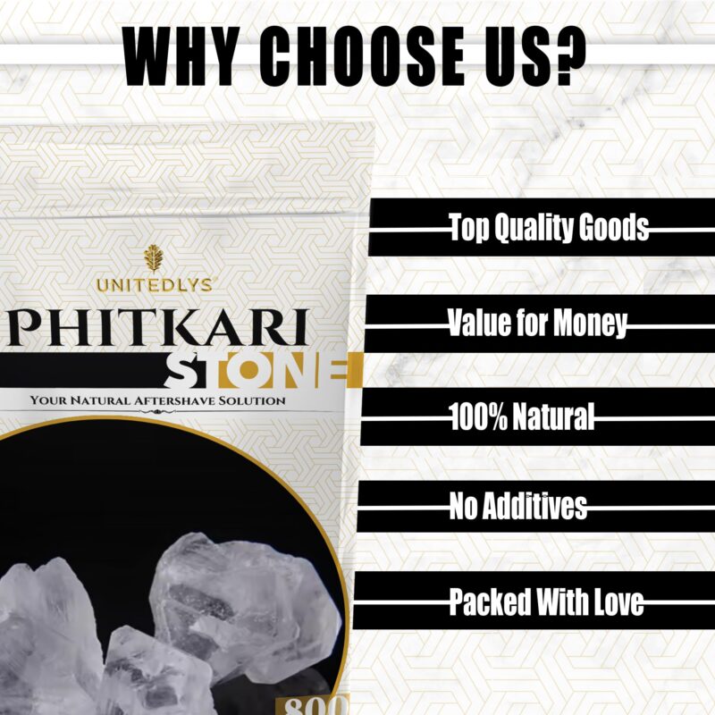 Unitedlys Organic Phitkari Alum Stone for Face 800G | Fitkari Stone for Skin Tightening, Water Purification, Shaving & Teeth Care | Premium White Crystals Fitkiri Alum Stone | Gentle & Effective - Image 3