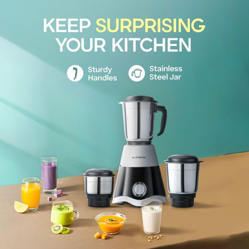 Longway Super Dlx 700 Watt Mixer Grinder with 3 Jars for Grinding, Mixing with Powerful Motor | 1 Year Warranty | (Black & Gray, 3 Jars) - Image 6