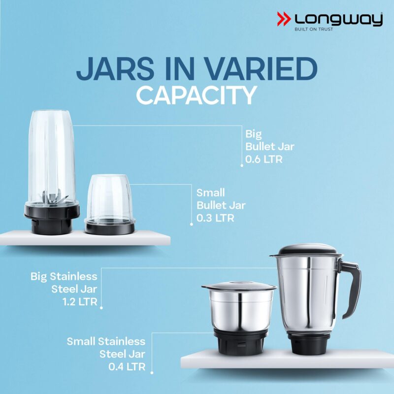 Longway Reo 550 Watt Mixer Grinder with 4 Jars for Grinding, Mixing, Blending, Juicing with Powerful Motor | 1 Year Warranty | (Black & Gray,4 Jars) - Image 4
