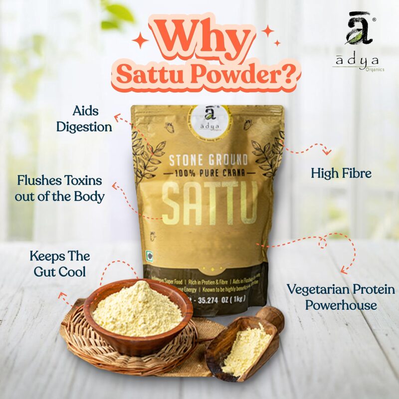 Adya Organics Sattu | 100% Pure & High-Protein Roasted Chana Powder | Chemical-Free & Natural | Perfect for Summer Drinks, Parathas, & Snacks | Healthy & Tasty | 2kg- (Pack of 2) - Image 9