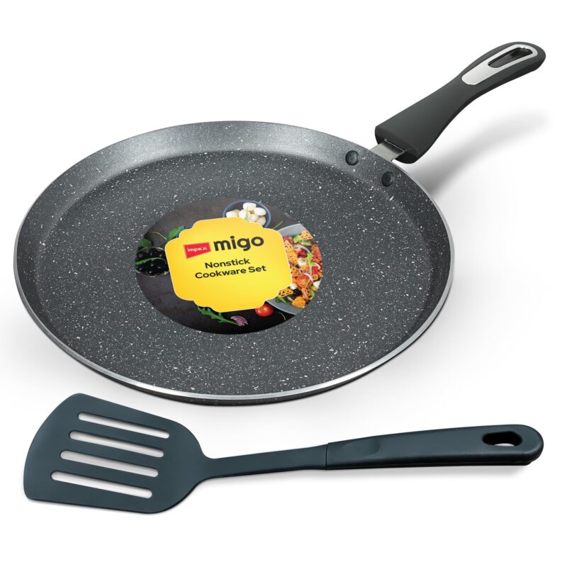 Impex Non Stick Tawa Pan with Spatula 30 cm Induction Base Tawa Pan Granite Finish Tawa Pan | Multi-Purpose Aluminium Tawa | Induction and Gas Stove Compatible Dosa Tawa