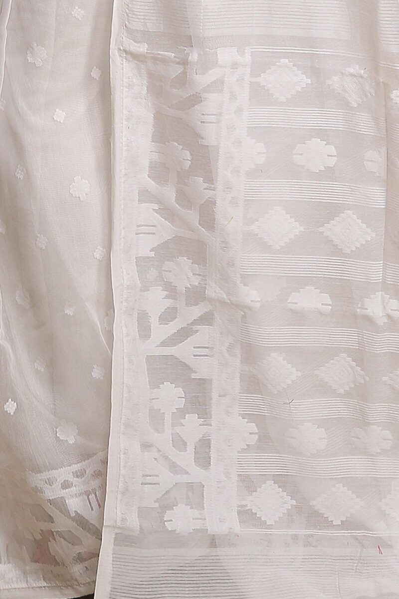 BENGAL HANDLOOM Women's Cotton Silk Dhakai Exclusive Softs Dual Color Jamdani Sarees (White White) - Image 3