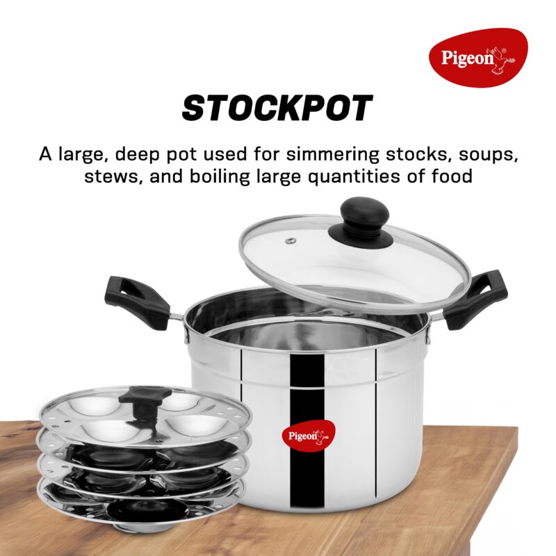 Pigeon by Stovekraft All in one Multipurpose Cookpot with Glass Lid Included Steamer and Strainer for easy cooking, heat resistant handles, Heavy gauge stainless steel idly plates inside with 4 cavity (4 idly plates, 16 idlies) - Image 3
