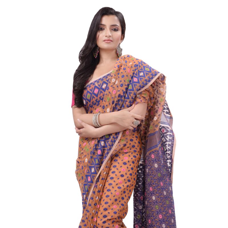TANTLOOM Sparkle Diamond Resham Dhakai Jamdani Bengal Woven Handloom Pure Cotton Saree for Women Without Blouse Piece - Image 4