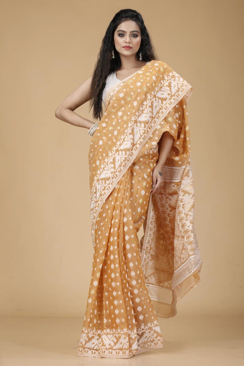 OISHANI SAREE GHOR Women's Traditional Bengal Cotton Silk Jamdani Saree (BROWN) - Image 4