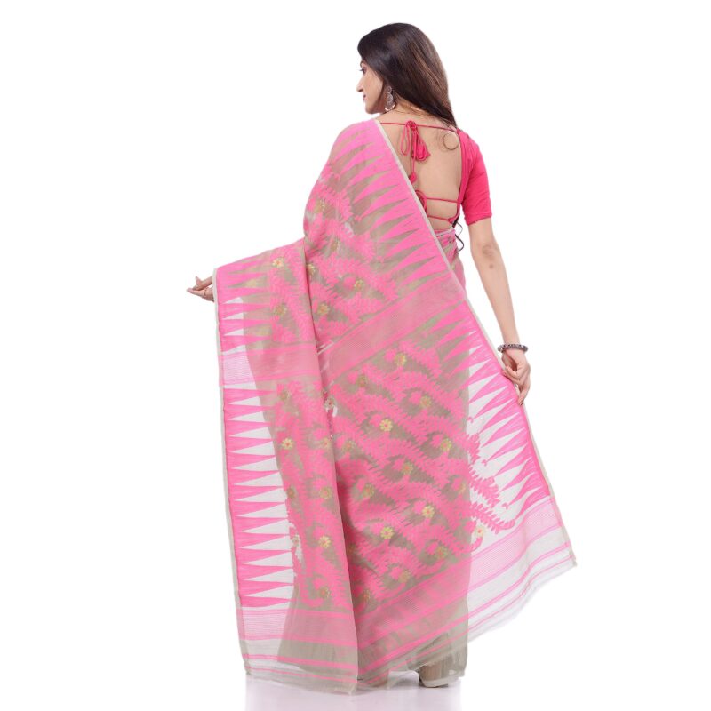 dB DESH BIDESH Women`s Tamarind Leaf Resham Dhakai Jamdani Pure Cotton Handloom Saree Whole Body Design without Blouse Piece (Pink Off White) - Image 6