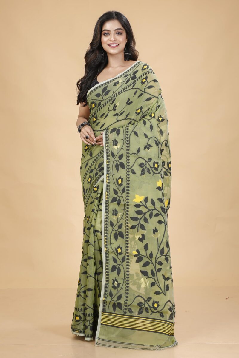 Tant Vastra Women’s Soft Resham Dhakai Lata Jamdani Saree without Starch And Without Blouse Piece (Light Pista) - Image 5