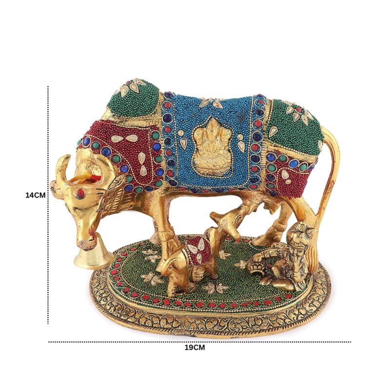 LABHCART Handcrafted Brass Golden Kamdhenu Cow with Calf, Vastu Gau MATA Idol, Spiritual Vastu Nandi Pooja Figurine Sculpture, Kamdhenu Cow & Calf Idol for Home and Office - Image 2